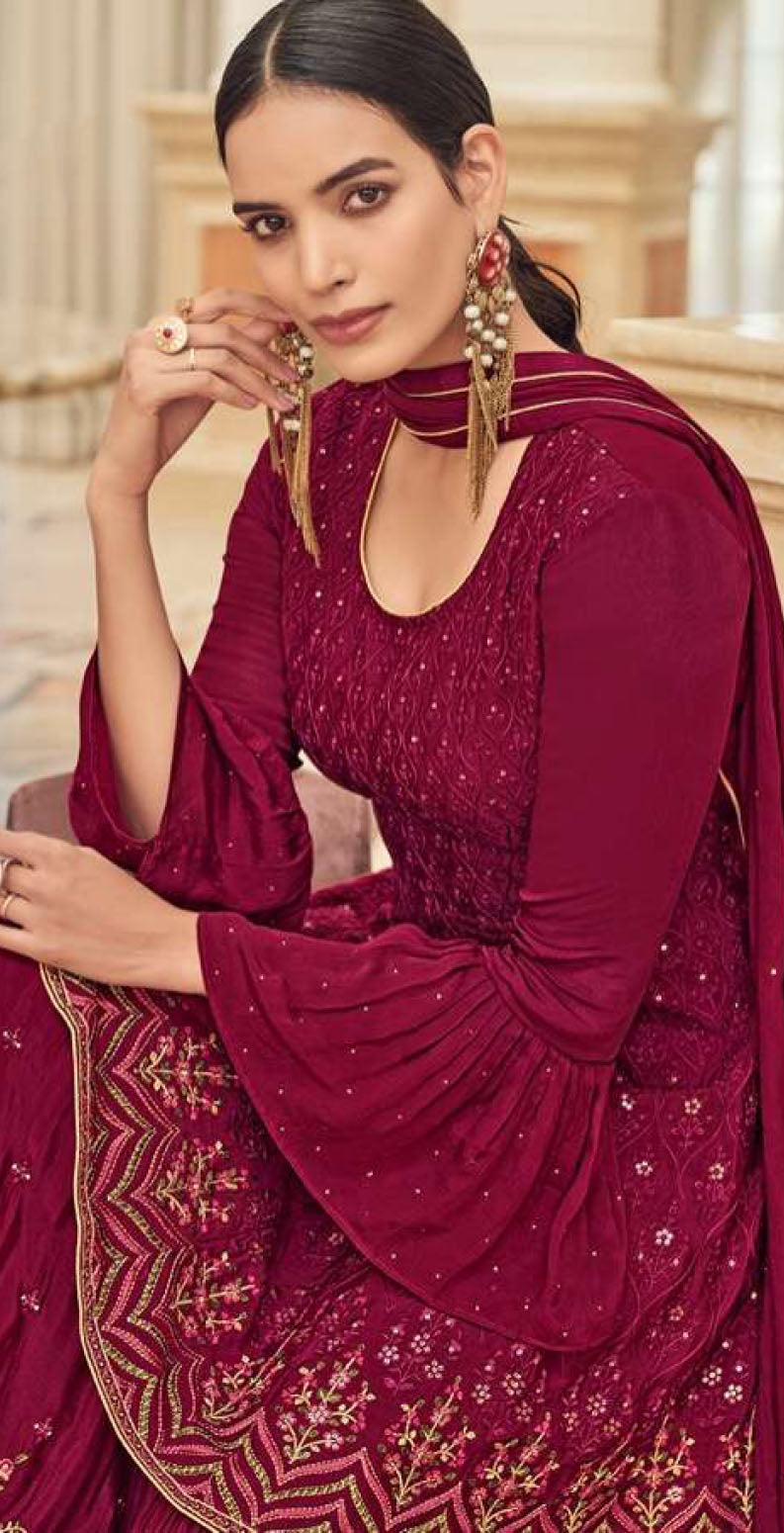 Women chinon silk with embroidery ready to wear sharara set