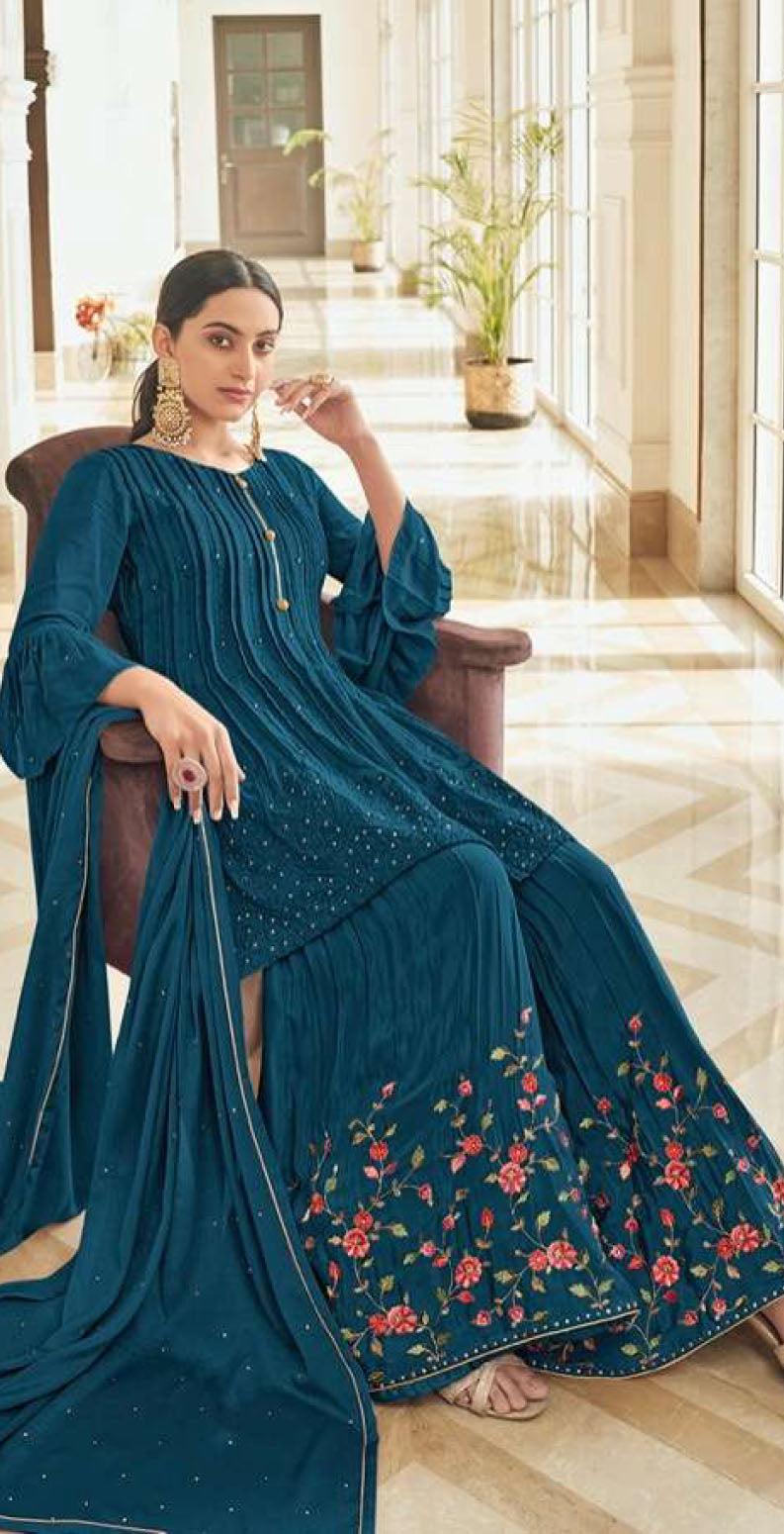 Teal blue chinon silk with embroidery ready to wear sharara set
