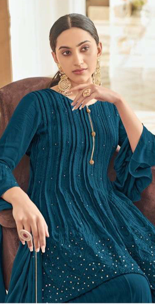 Teal blue chinon silk with embroidery ready to wear sharara set