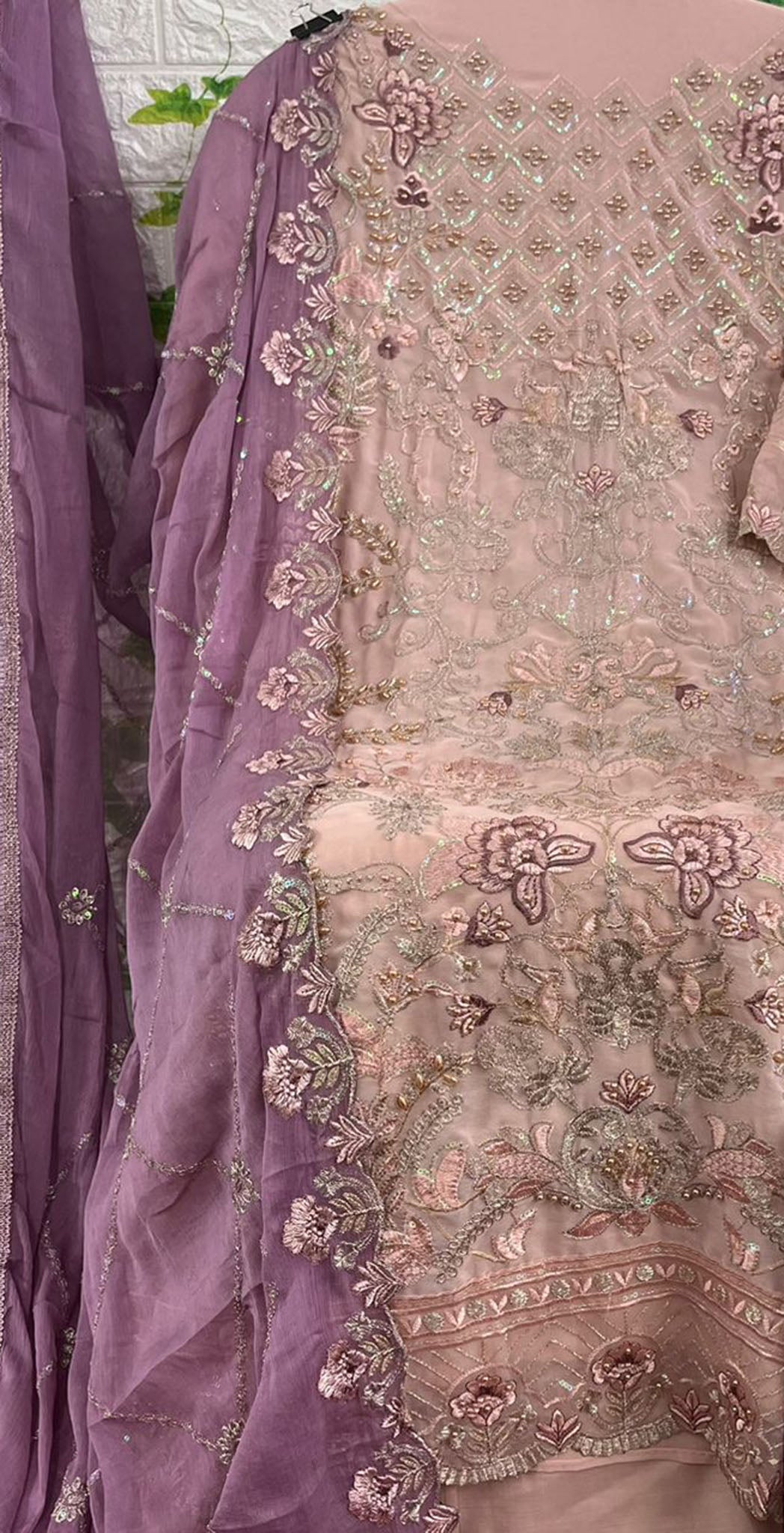Pink georgette embroidered dress material