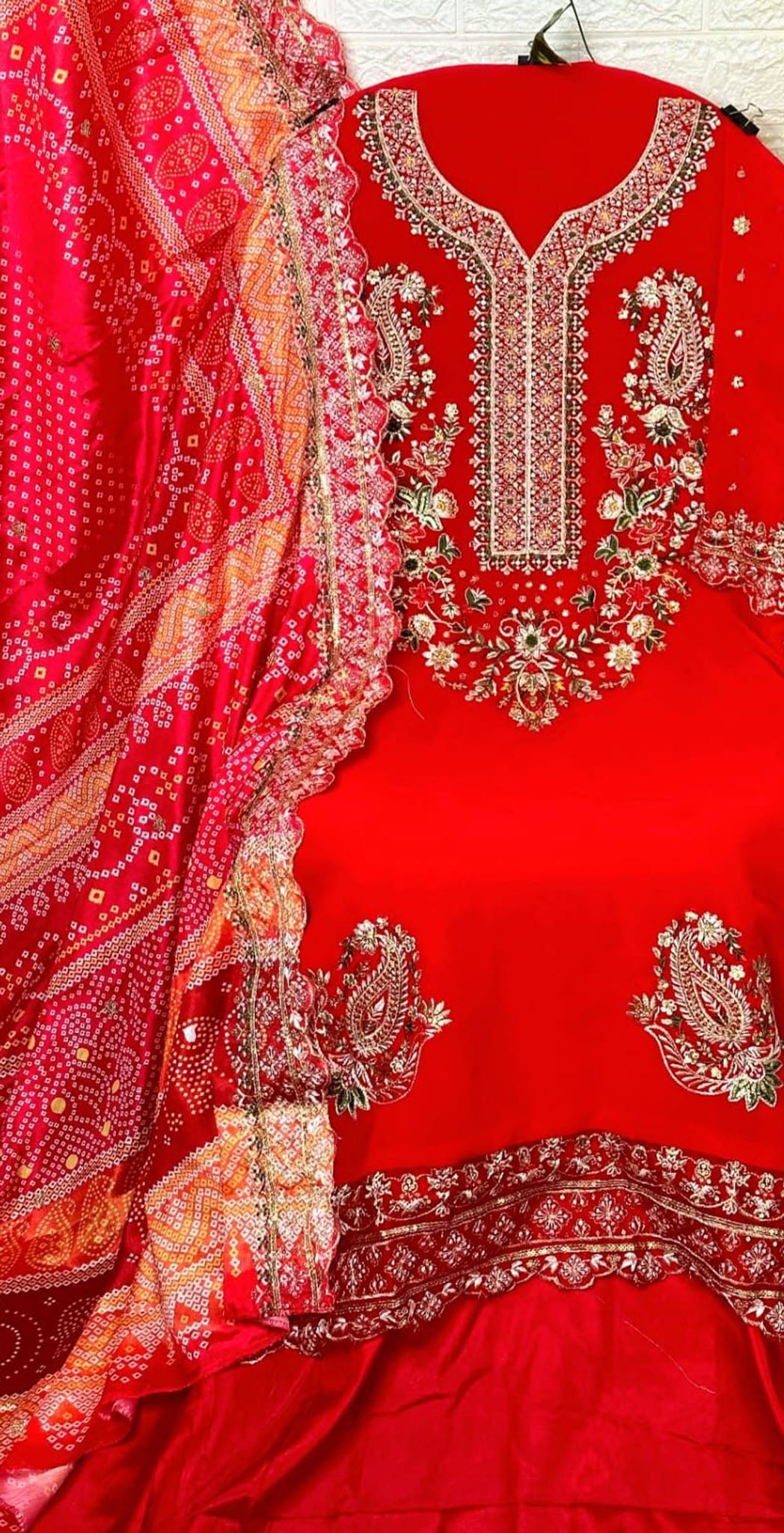 Red georgette embroidered dress material