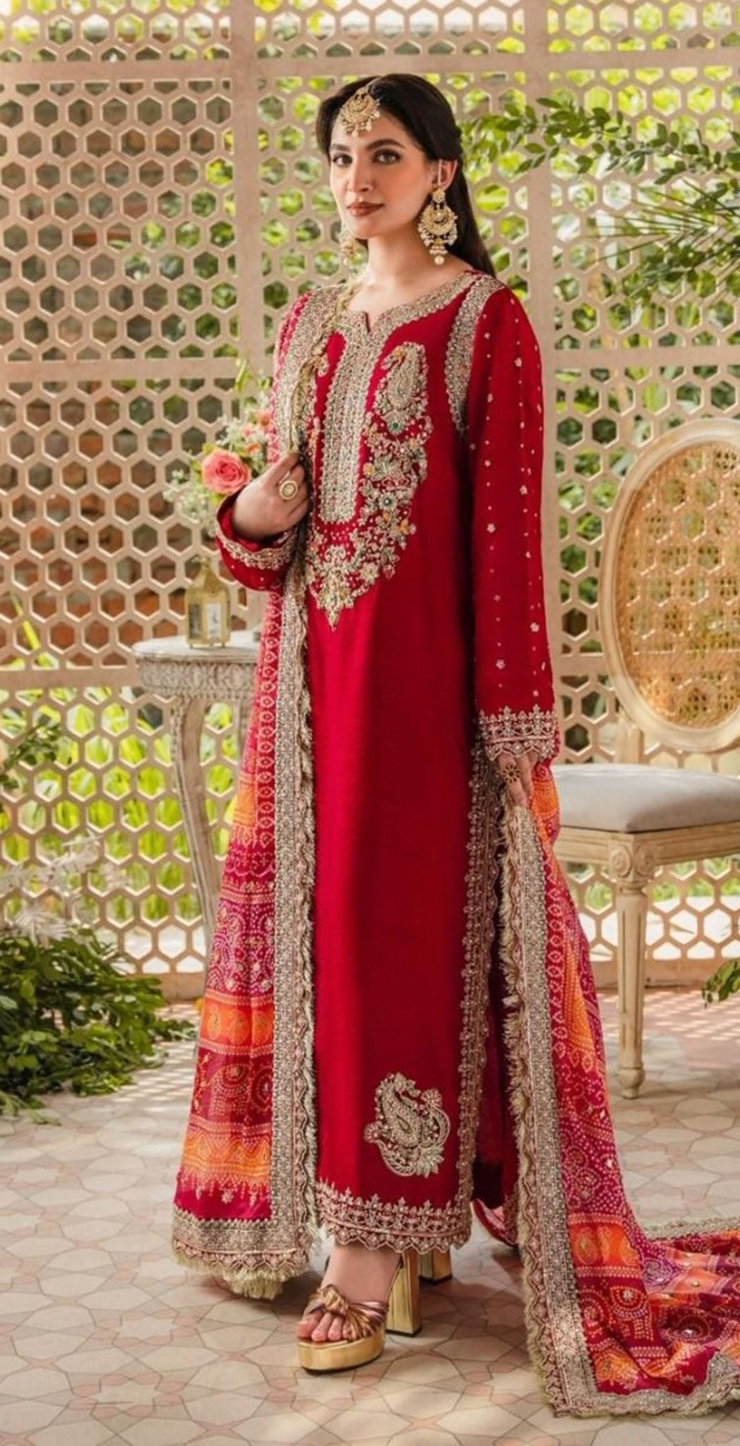 Red georgette embroidered dress material