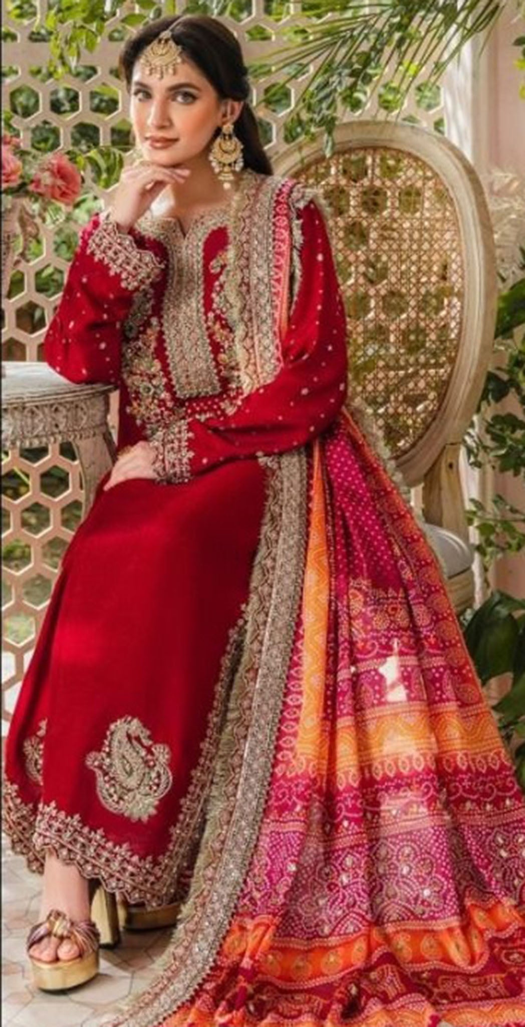 Red georgette embroidered dress material