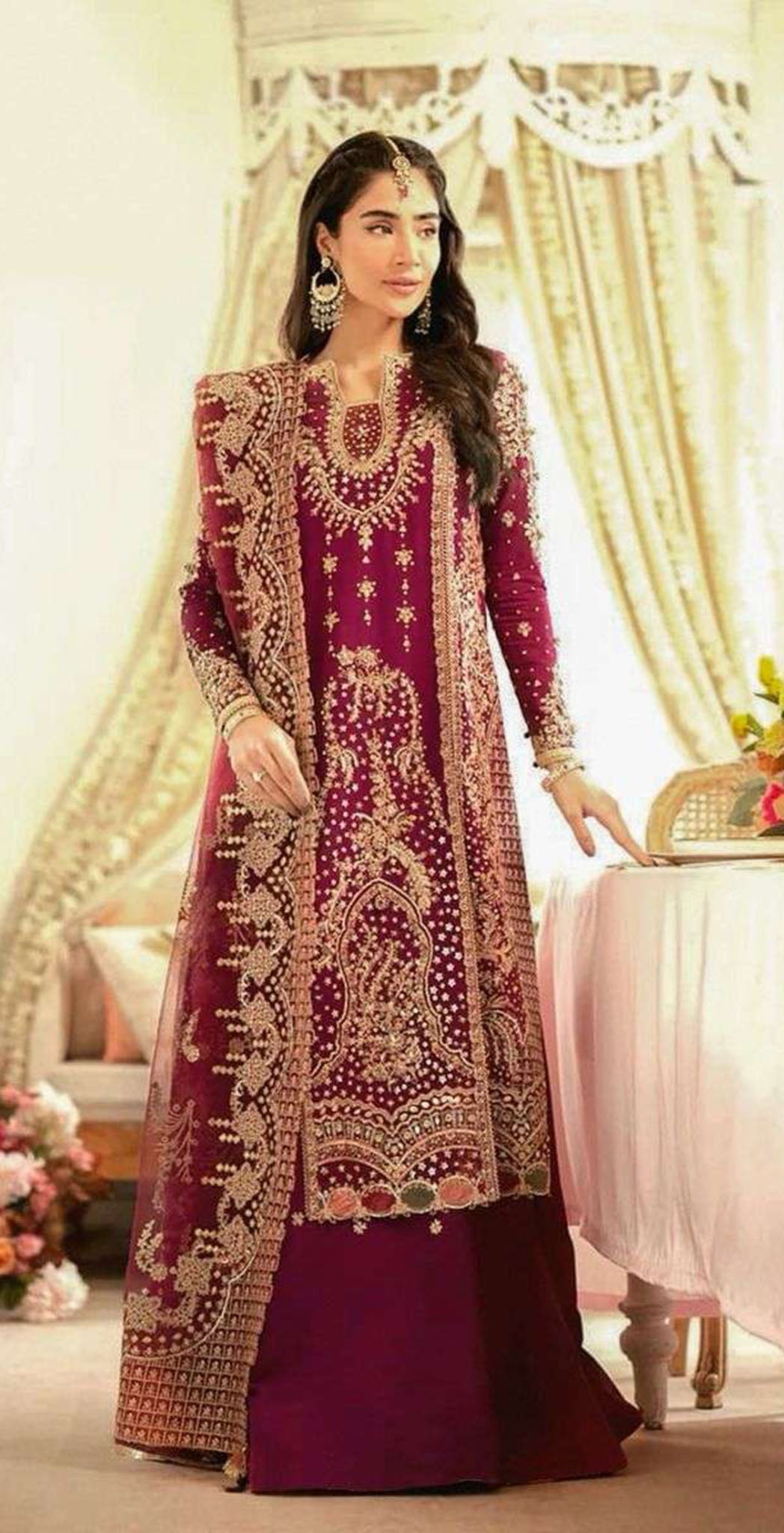 Fushia pink georgette embroidered dress material