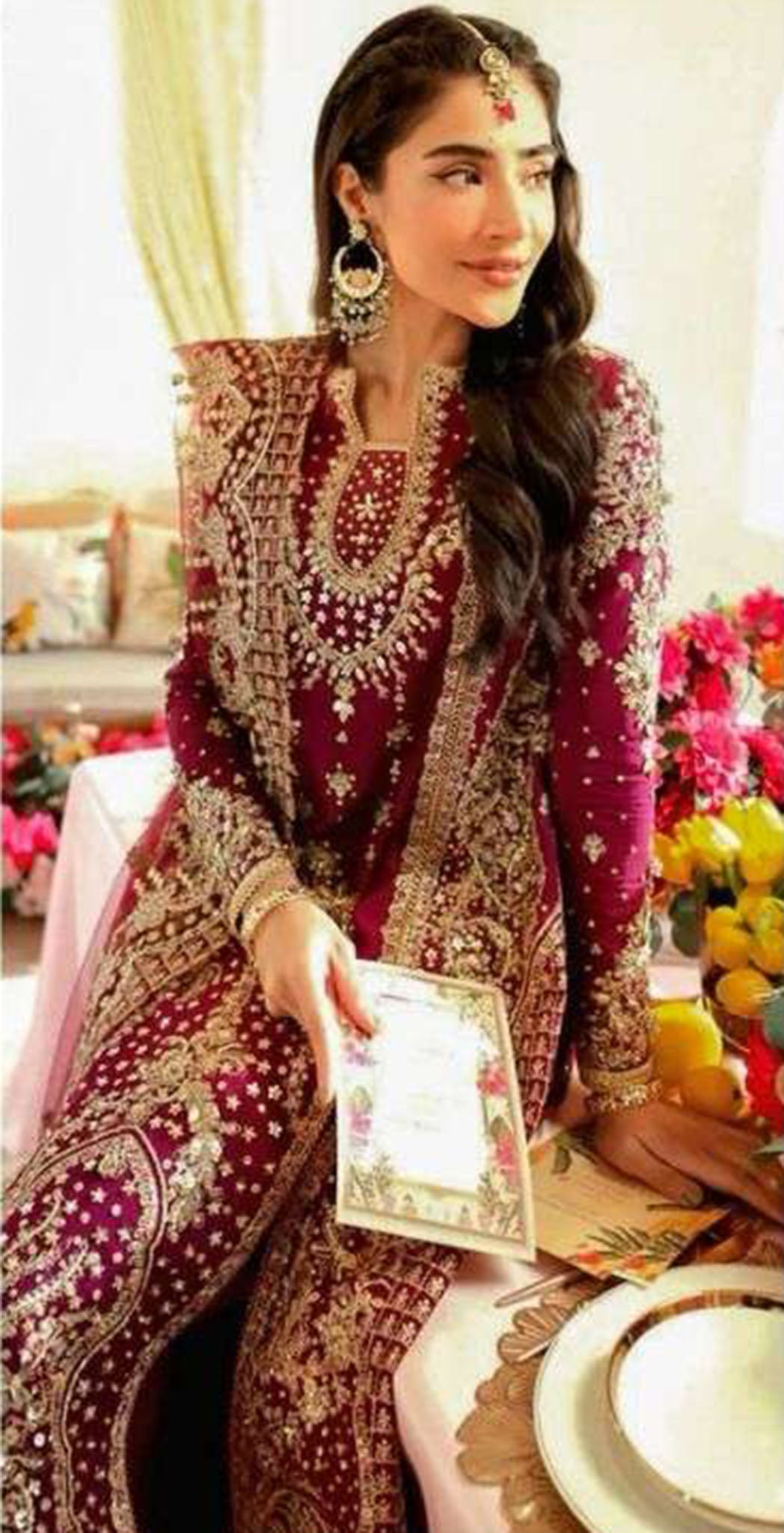 Fushia pink georgette embroidered dress material