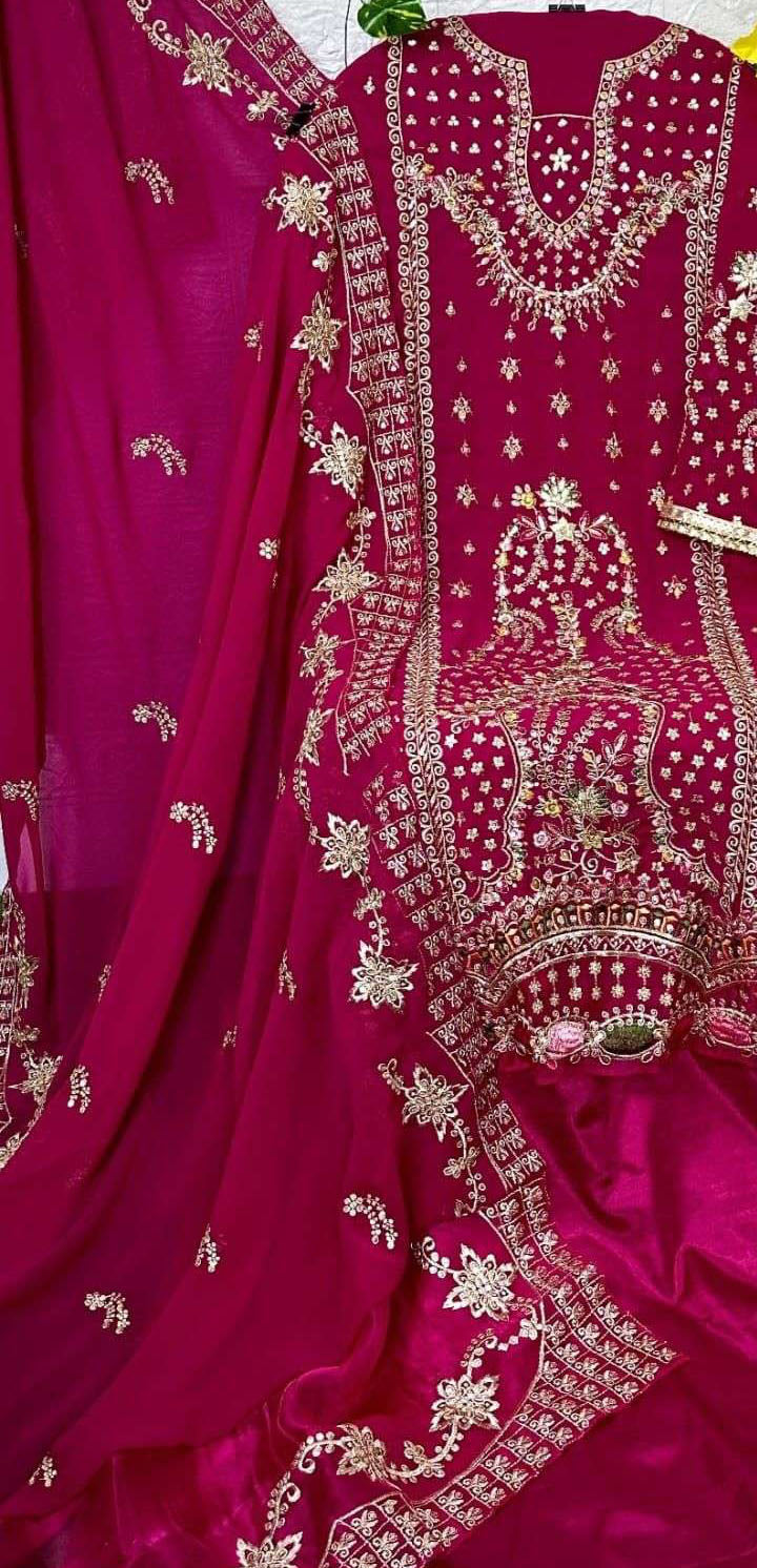Fushia pink georgette embroidered dress material