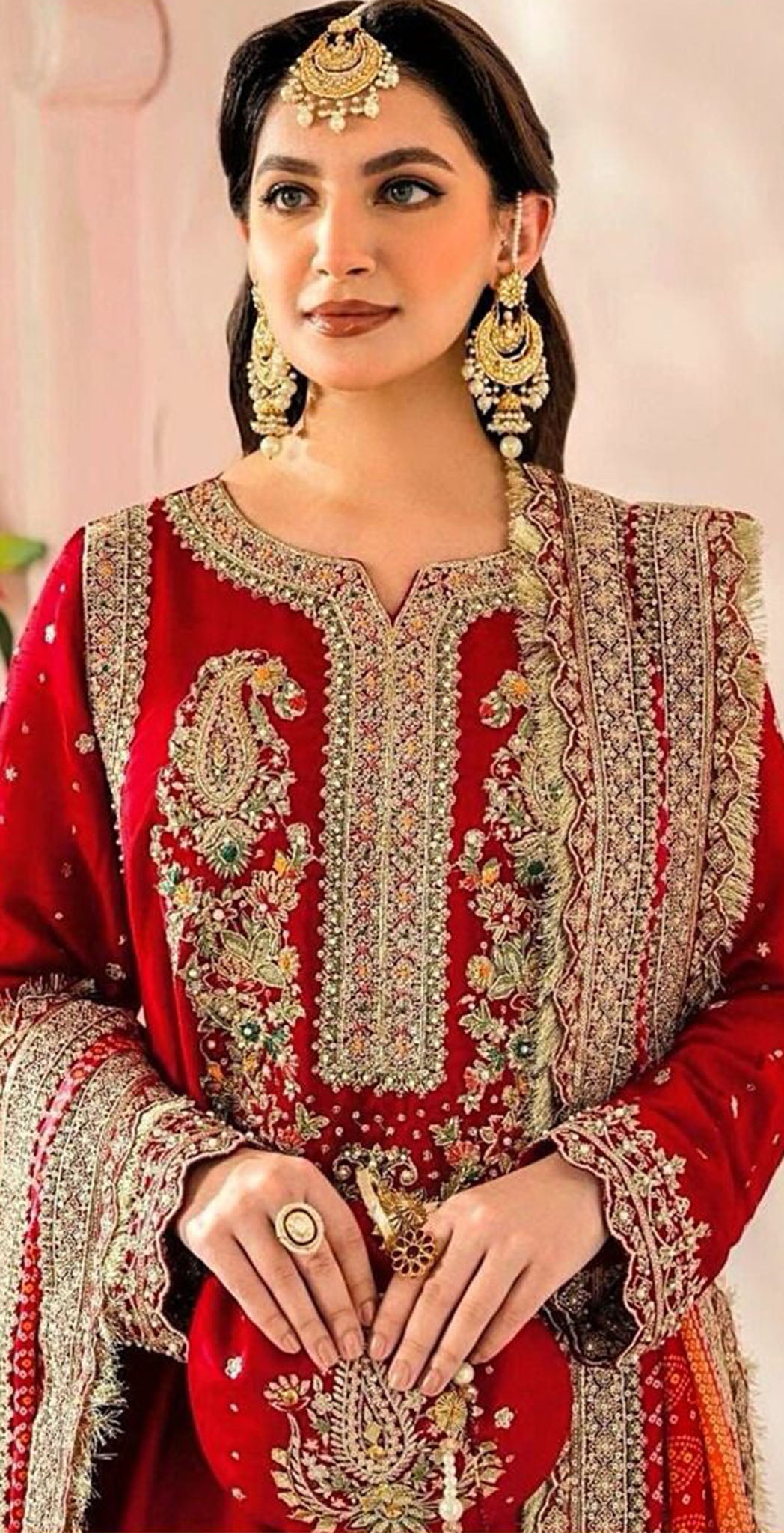 Red georgette embroidered dress material