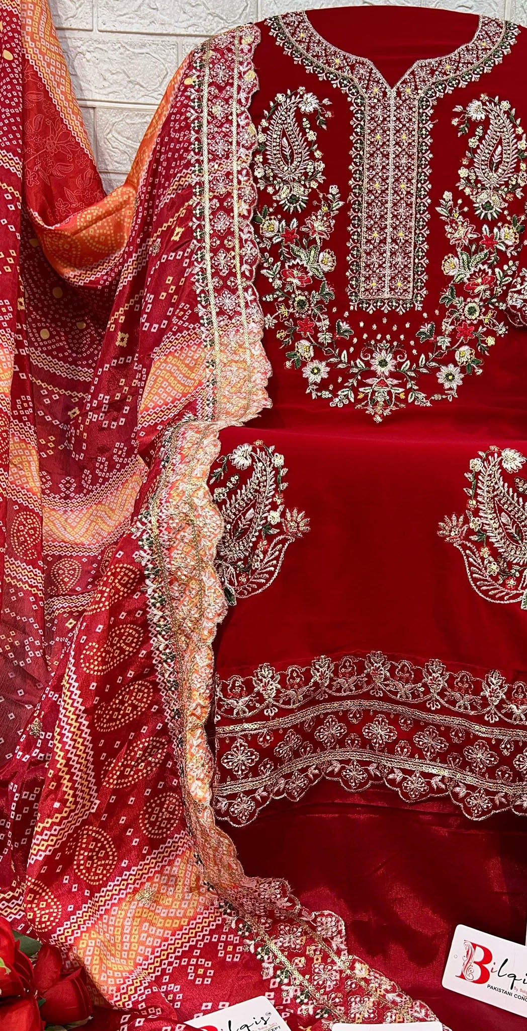 Red georgette embroidered dress material