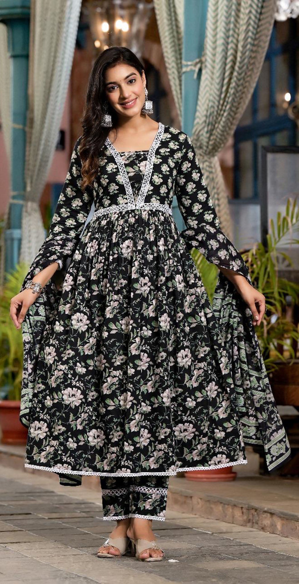 Black and green cotton printed salwar set