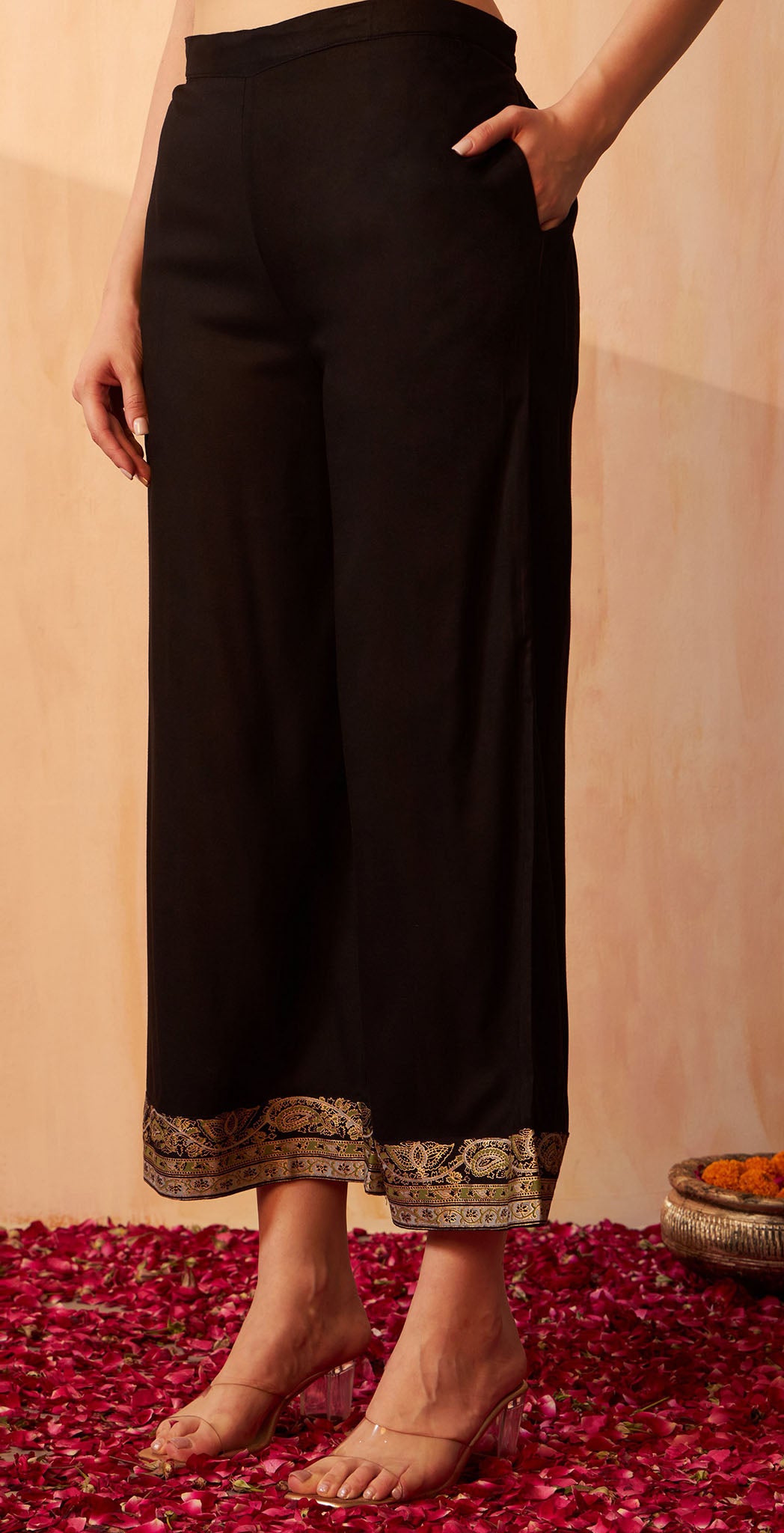 Rayon black Printed straight Kurta with palazzo