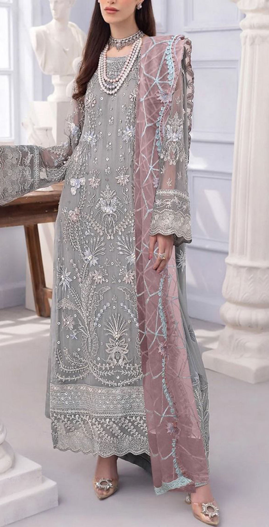 Grey georgette embroidered dress material Grey georgette embroidered dress material