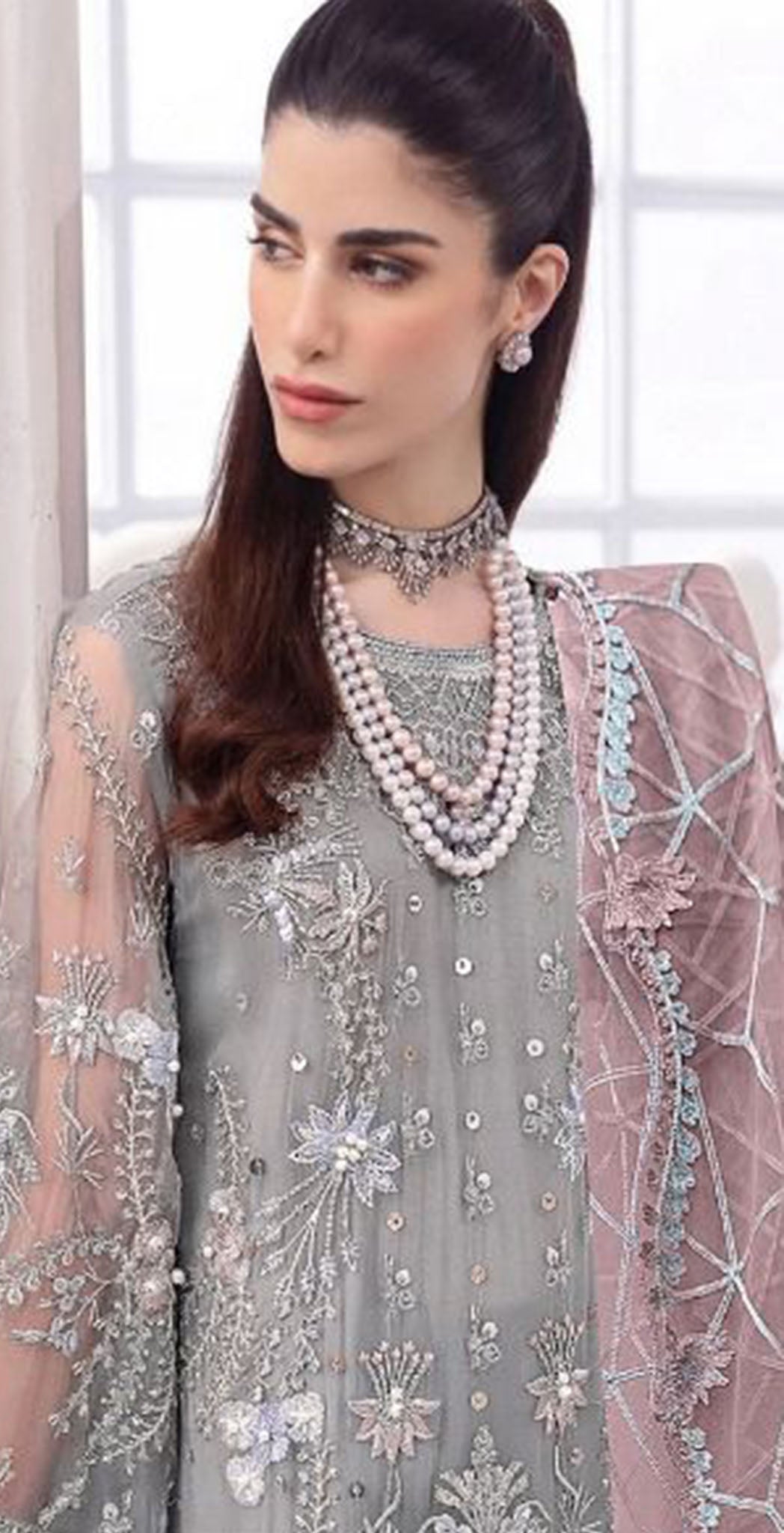 Grey georgette embroidered dress material