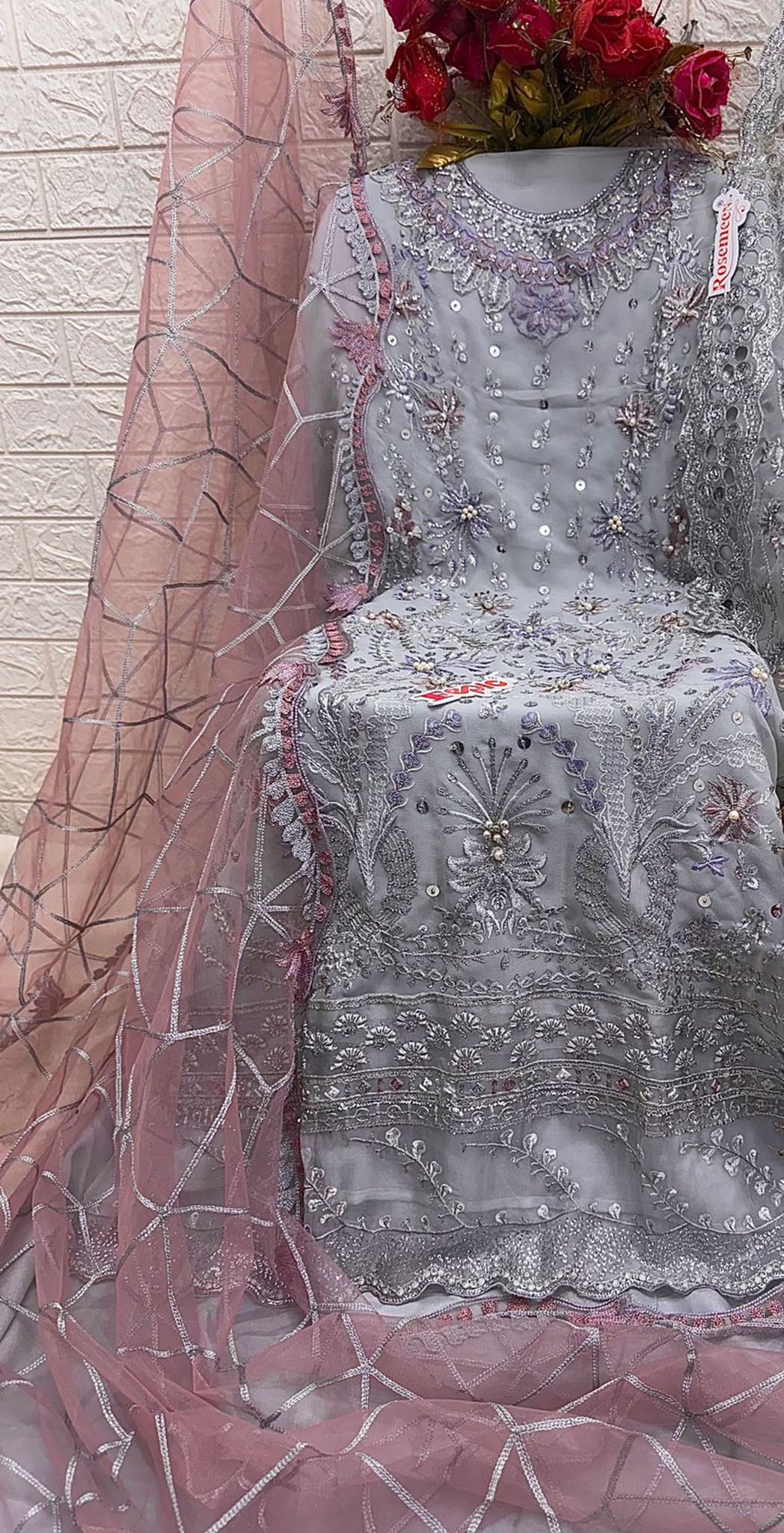 Grey georgette embroidered dress material