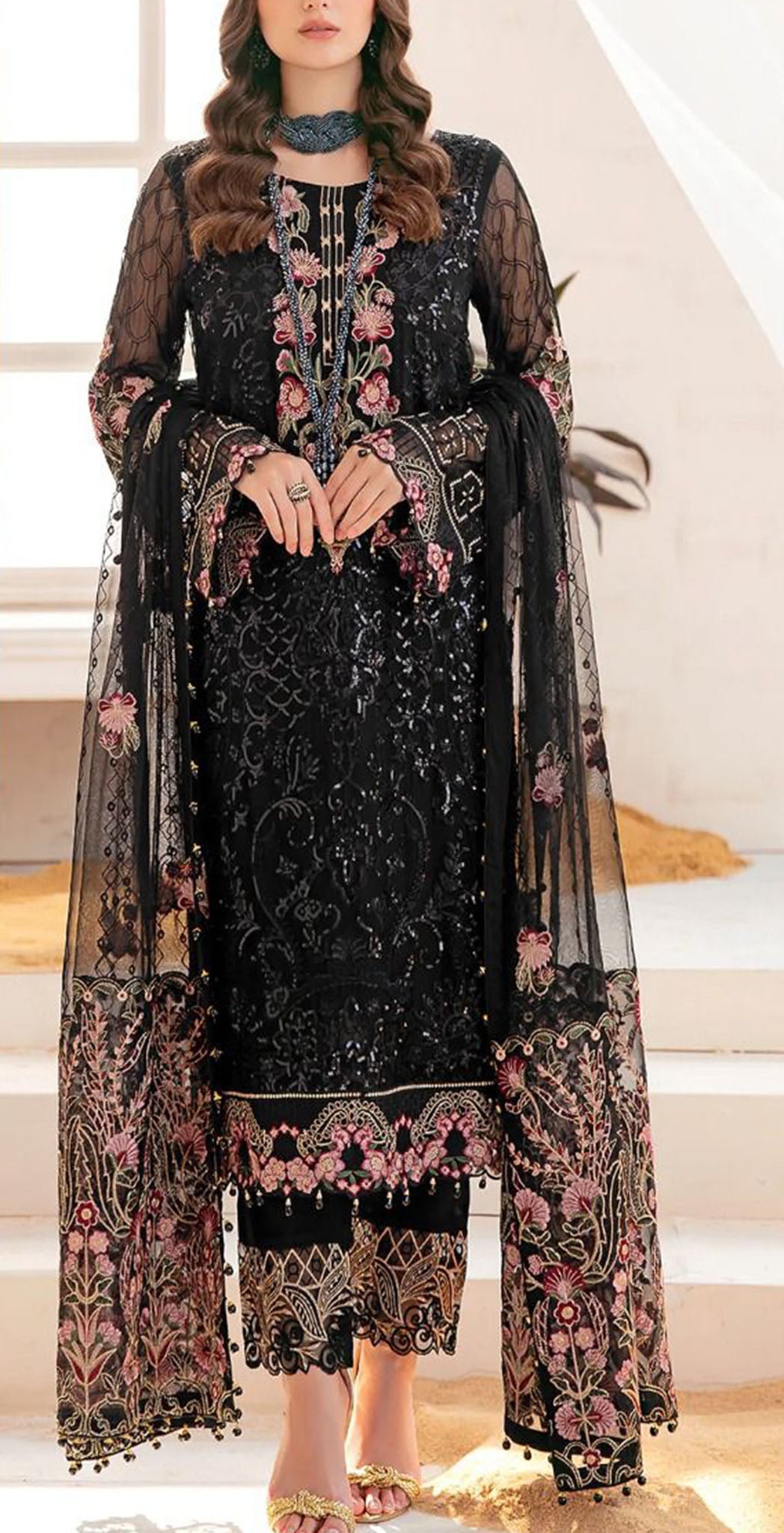 Black georgette embroidered dress material 8