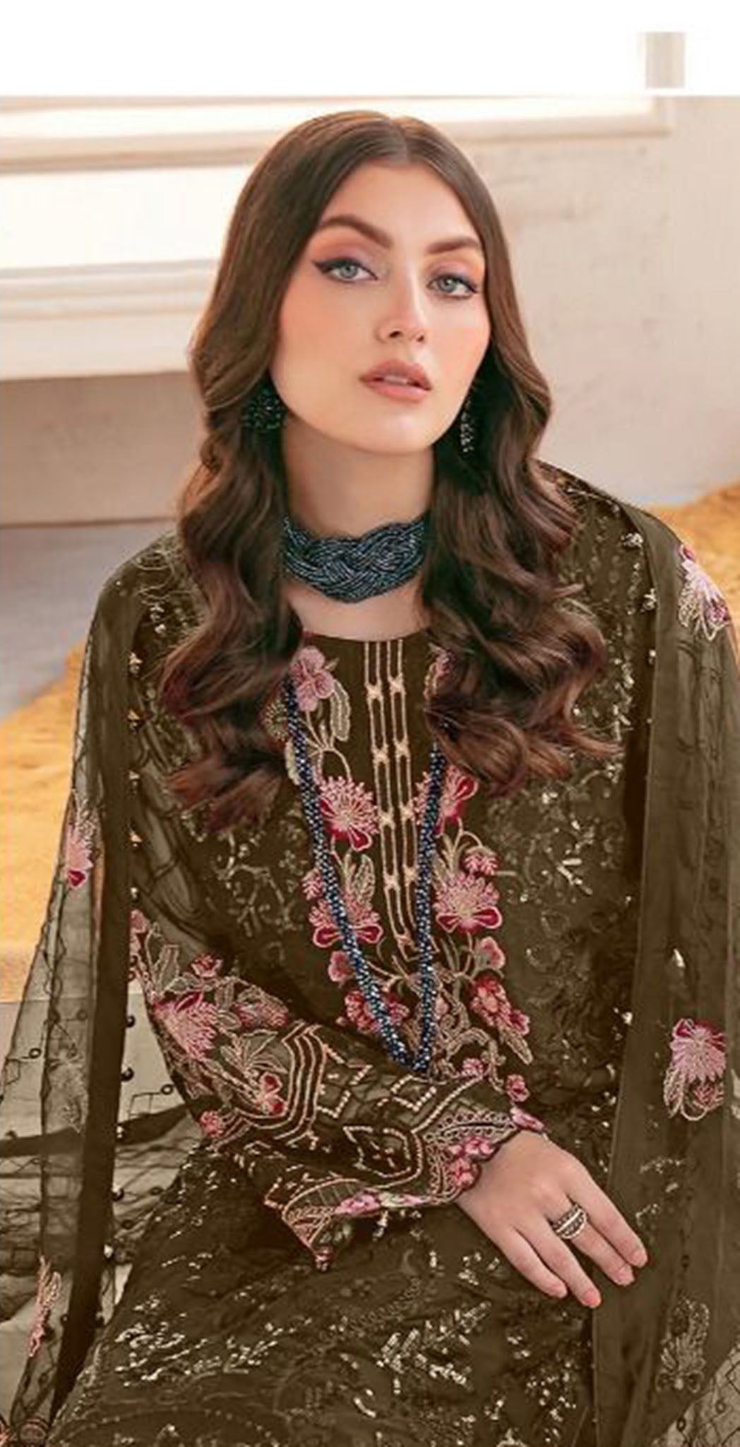Olive green georgette embroidered dress material