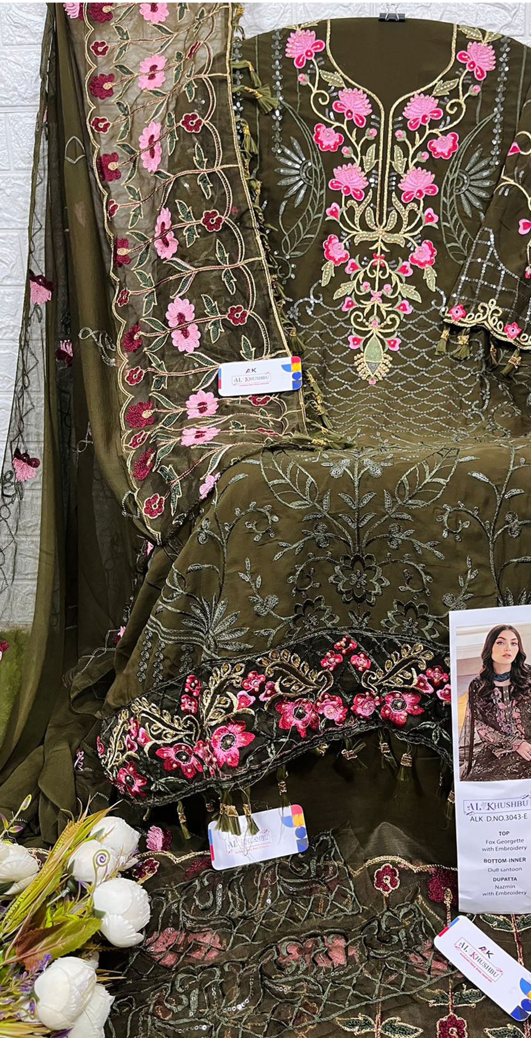Olive green georgette embroidered dress material