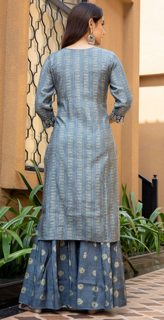 Women modal grey kurta with gold sequence embroidered and sharara with dupatta