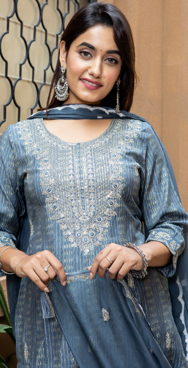 Women modal grey kurta with gold sequence embroidered and sharara with dupatta