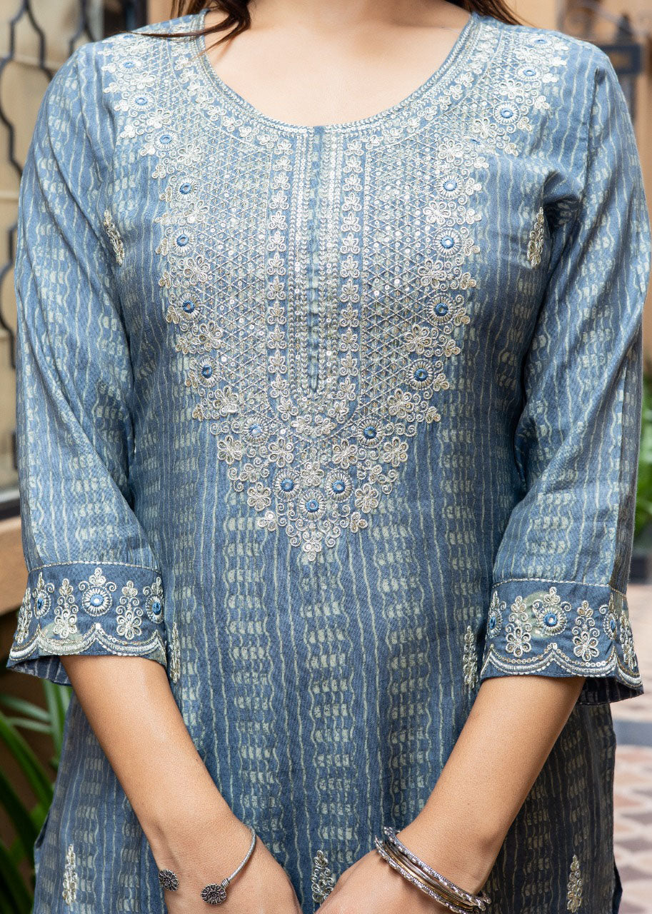 Women modal grey kurta with gold sequence embroidered and sharara with dupatta