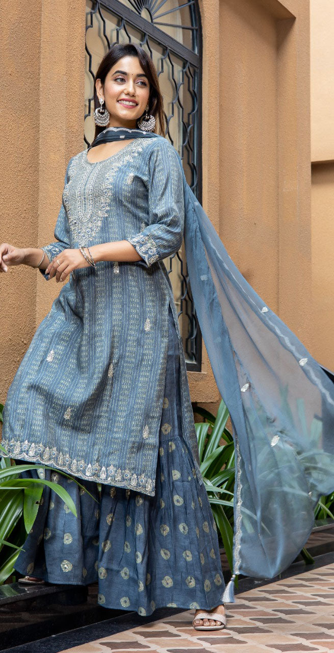 Women modal grey kurta with gold sequence embroidered and sharara with dupatta