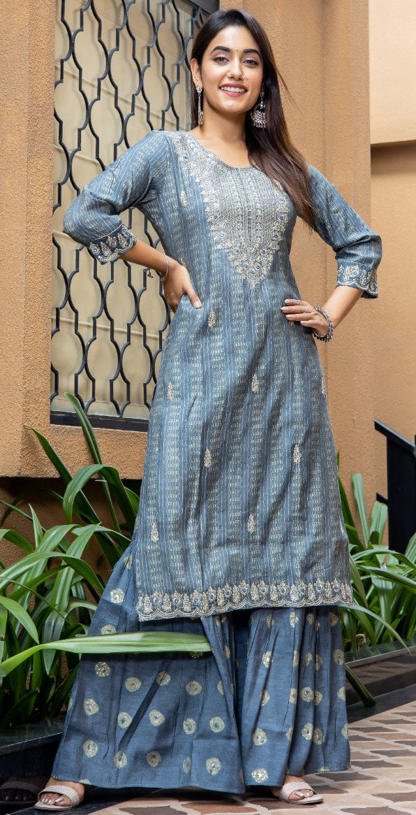 Women modal grey kurta with gold sequence embroidered and sharara with dupatta