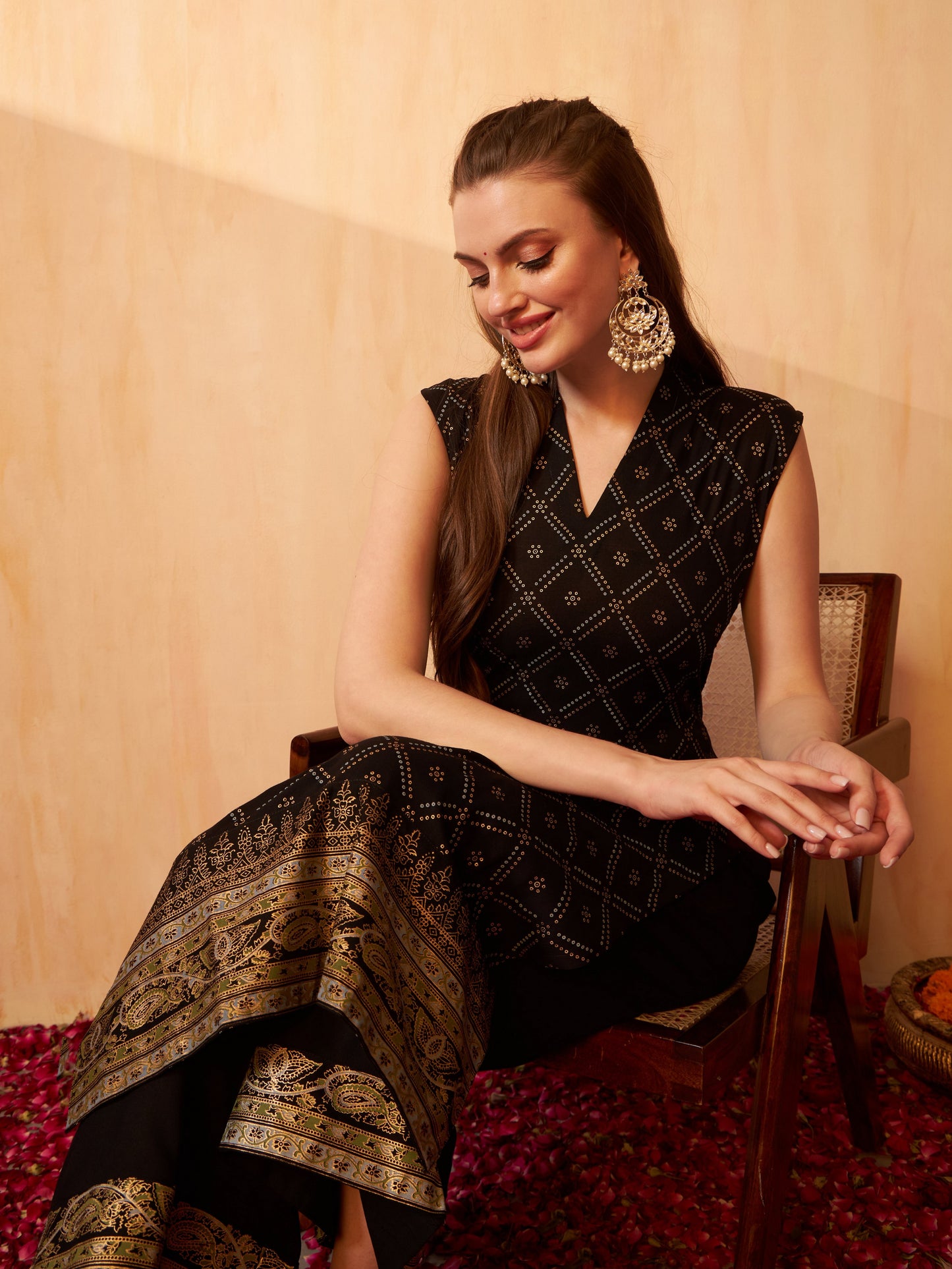 Rayon black Printed straight Kurta with palazzo