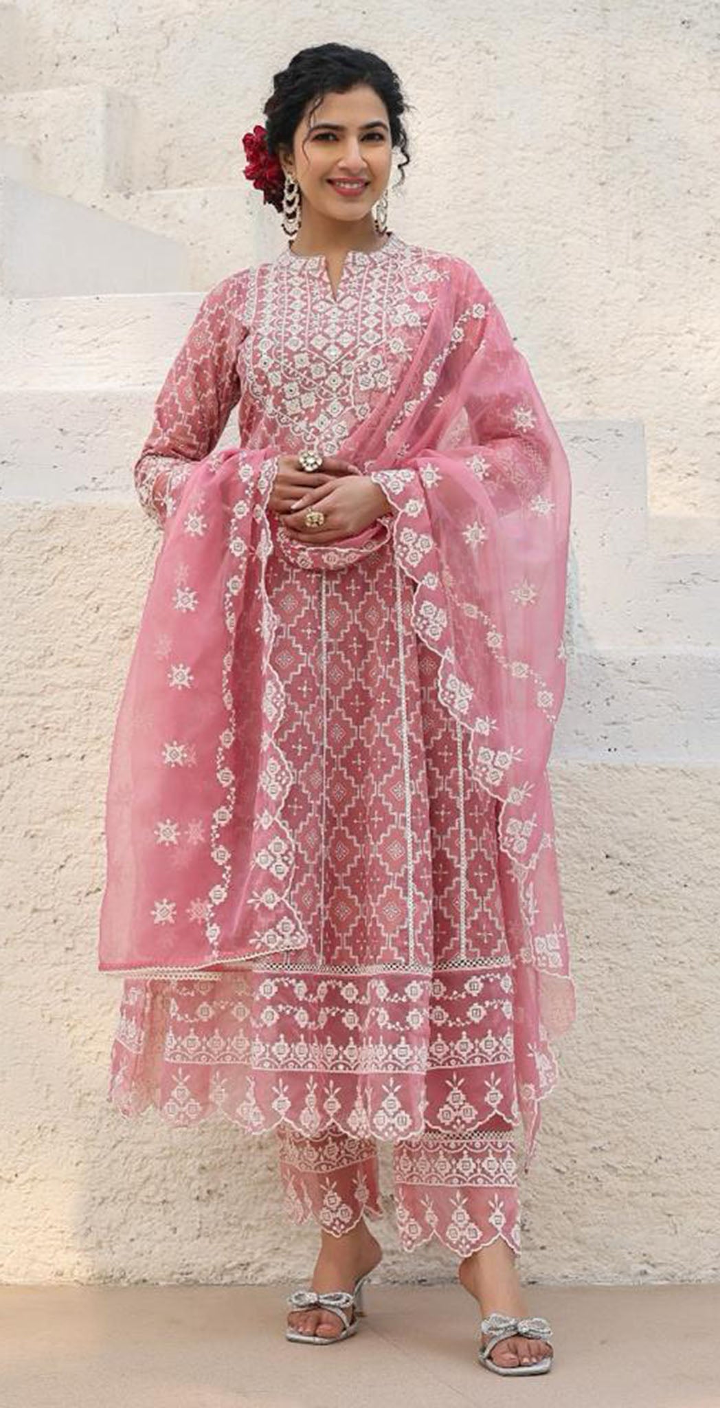 Dusty pink cotton printed and embroidered anarkali set