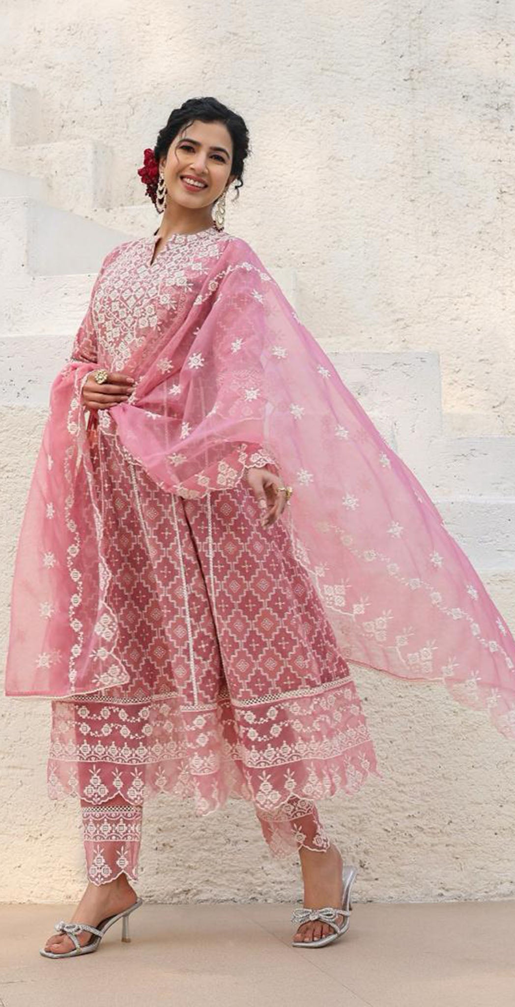 Dusty pink cotton printed and embroidered anarkali set