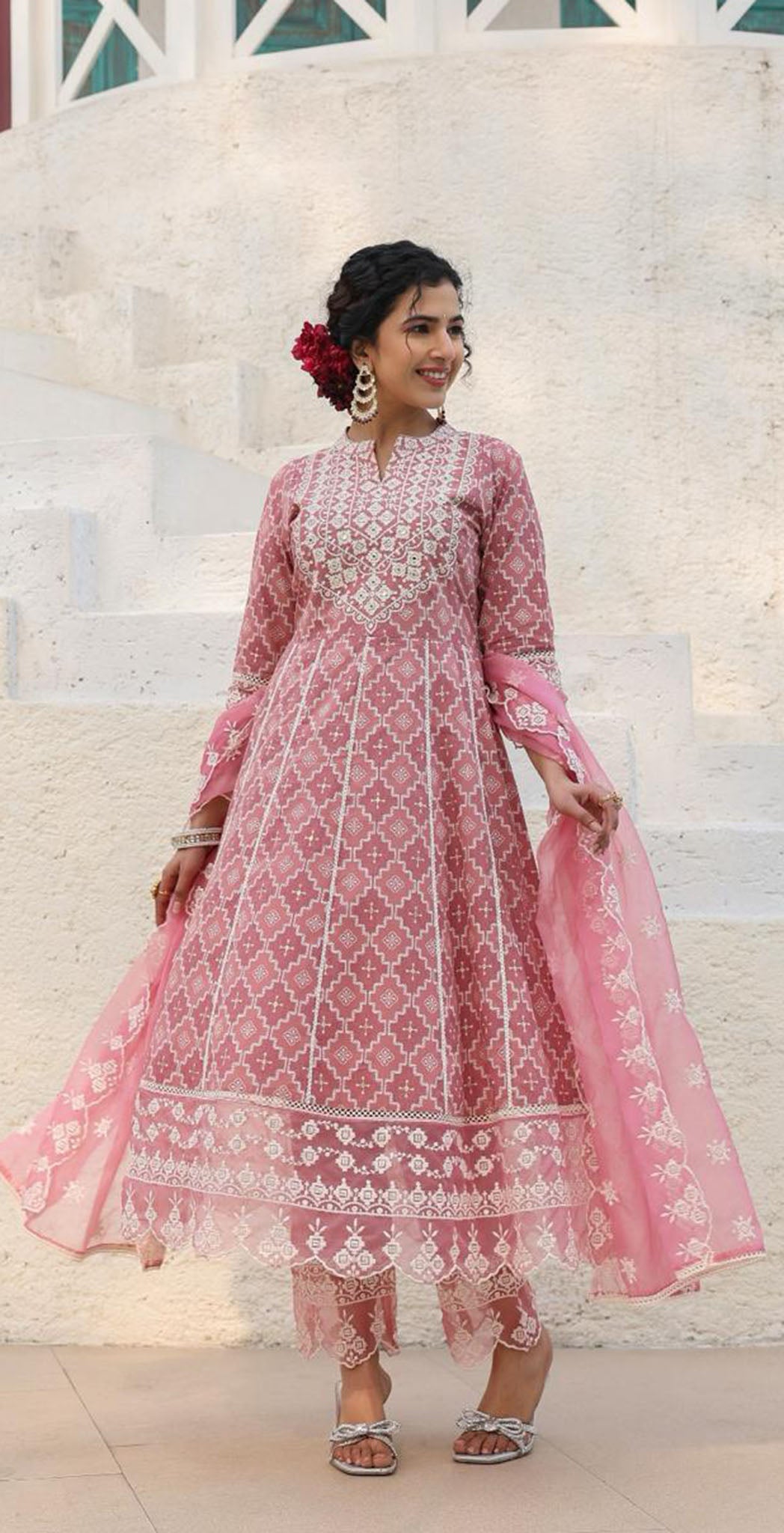 Dusty pink cotton printed and embroidered anarkali set