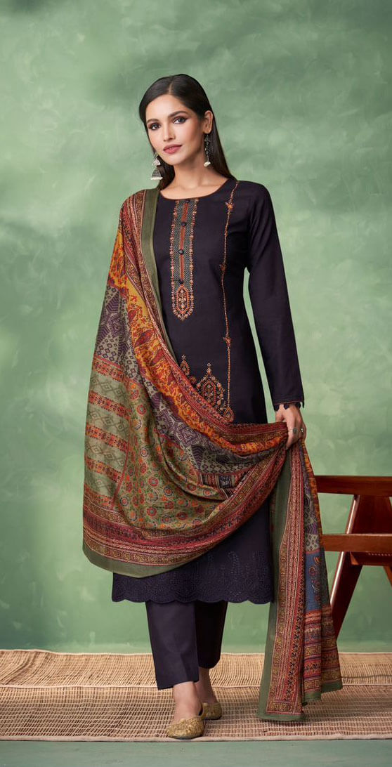 Women pure jam satin with heavy neck embroidered unstitched salwar set shifli work in daman