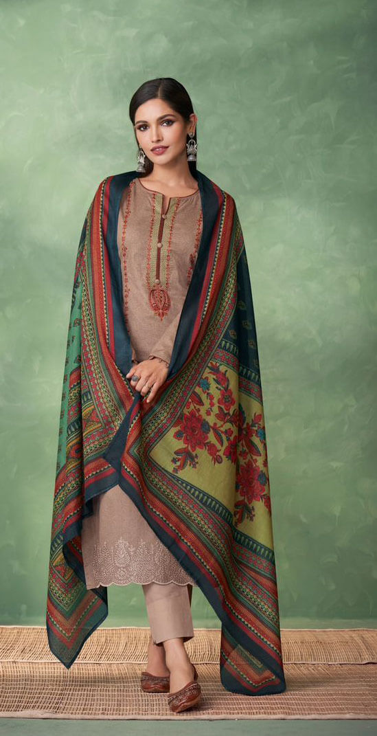 Women pure jam satin with heavy neck embroidered unstitched salwar set shifli work in daman