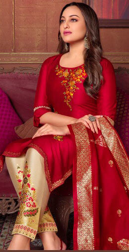 Women Bemberg Silk Fabric with Heavy Handwork and Jacquard Lace semi stitched salwar set