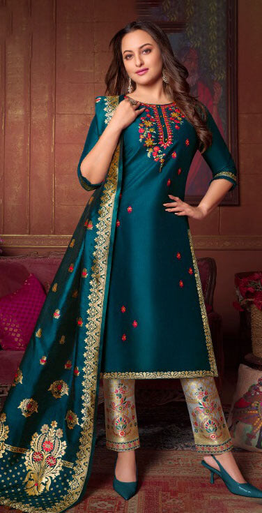 Teal blue Bemberg Silk Fabric with Heavy Handwork and Jacquard Lace semi stitched salwar set