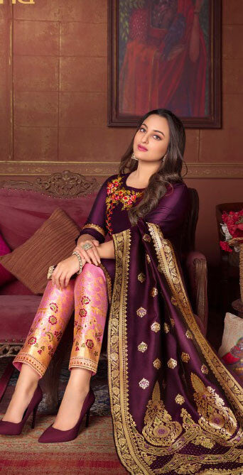 Women Bemberg Silk Fabric with Heavy Handwork and Jacquard Lace semi stitched salwar set