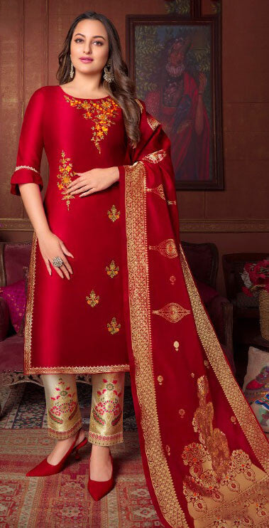 Women Bemberg Silk Fabric with Heavy Handwork and Jacquard Lace semi stitched salwar set