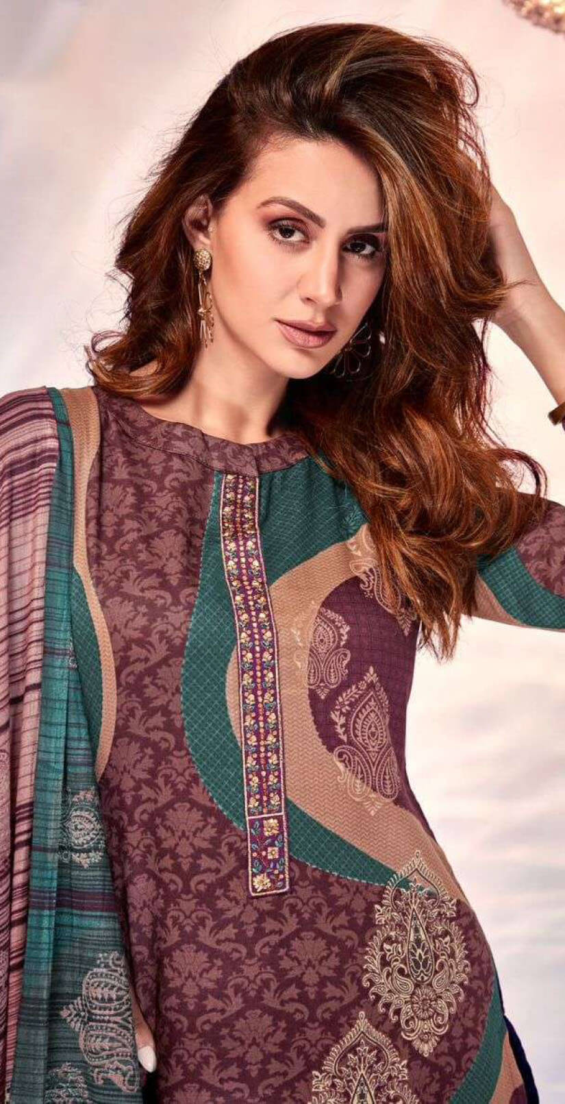 Women pure viscose jam satin digital print with heavy neck and daman embroidery unstitched salwar set