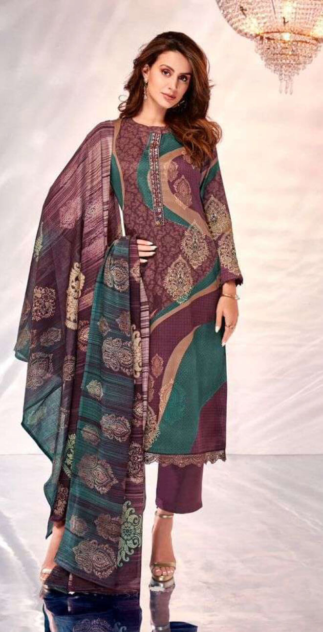 Women pure viscose jam satin digital print with heavy neck and daman embroidery unstitched salwar set