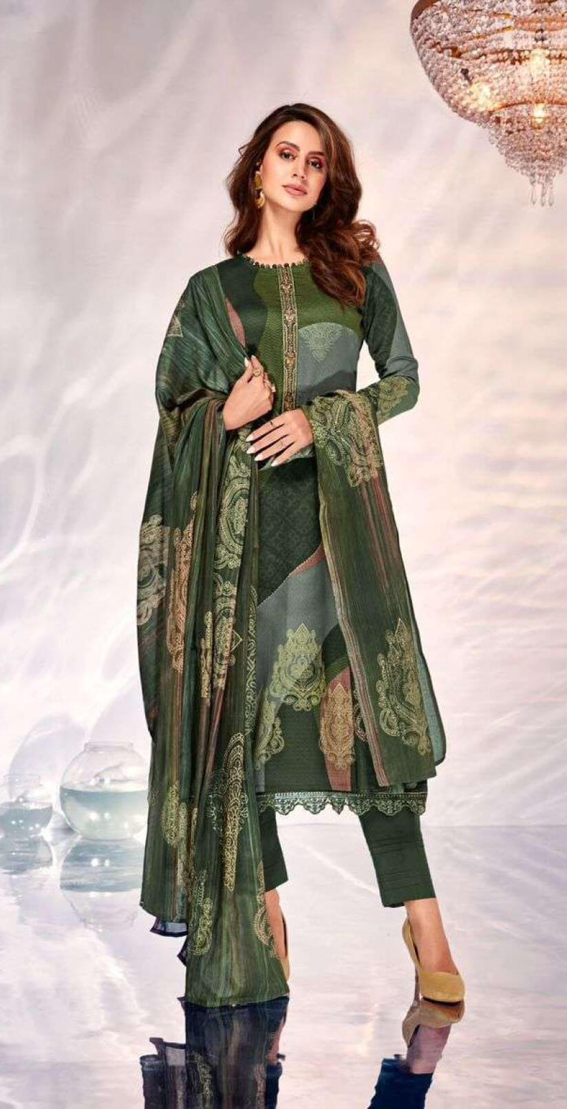 Women pure viscose jam satin digital print with heavy neck and daman embroidery unstitched salwar set