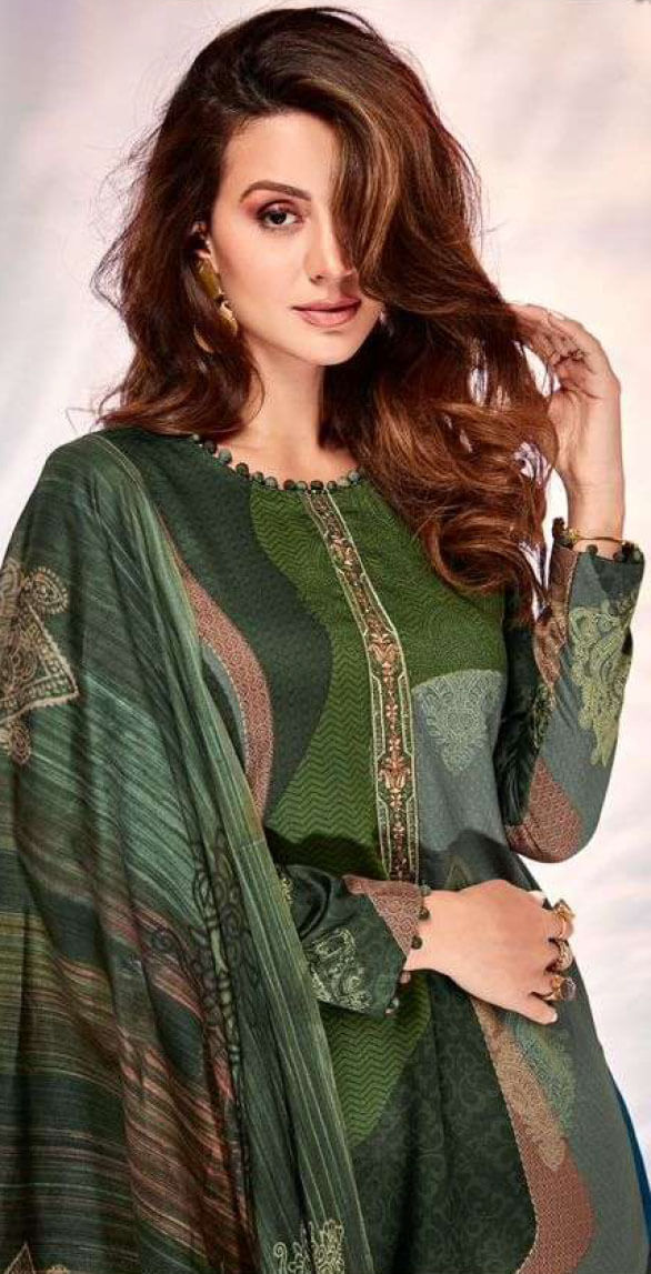 Women pure viscose jam satin digital print with heavy neck and daman embroidery unstitched salwar set