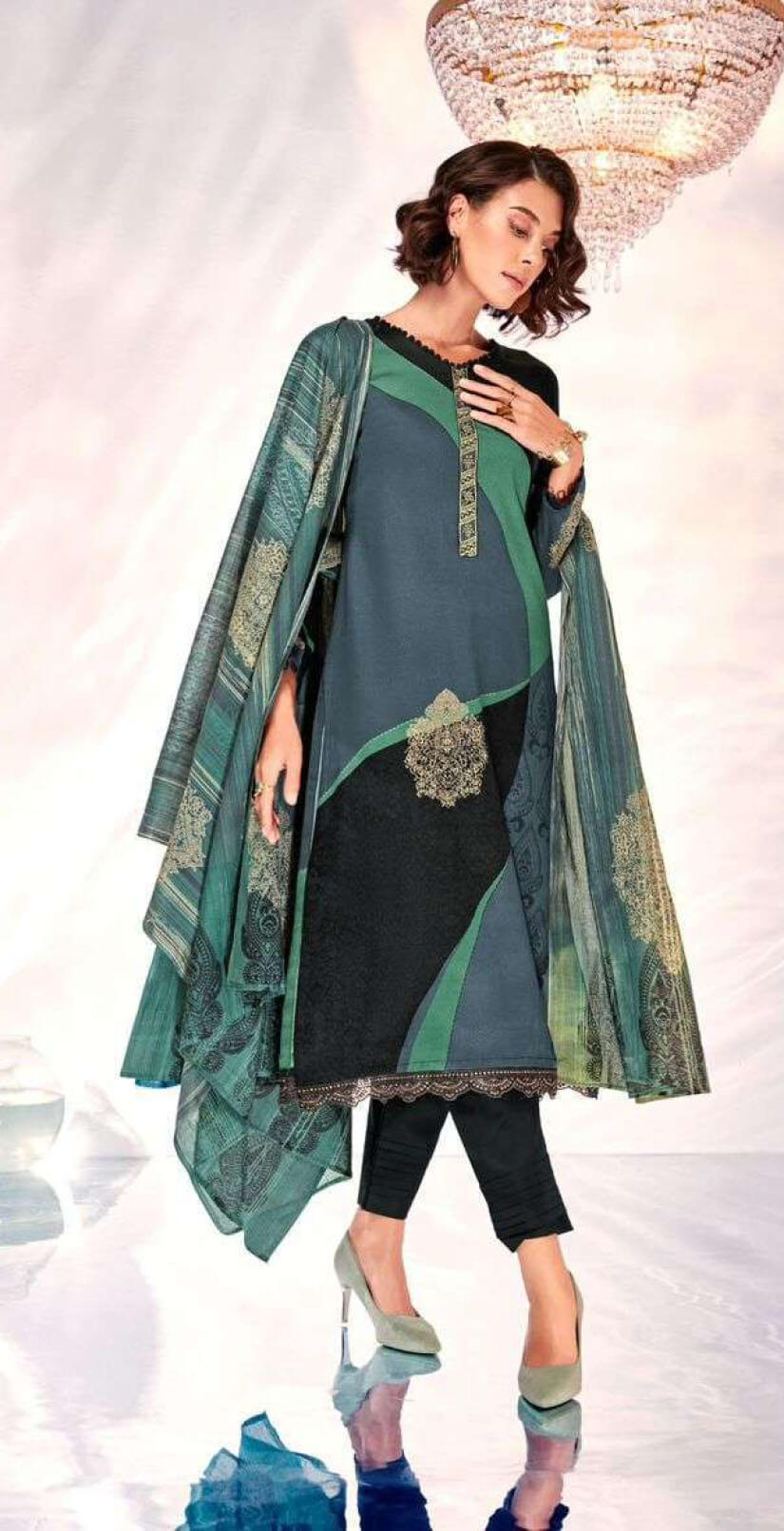 Women pure viscose jam satin digital print with heavy neck and daman embroidery unstitched salwar set