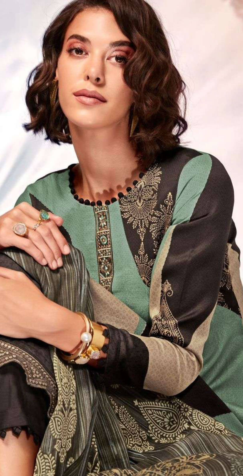 Women pure viscose jam satin digital print with heavy neck and daman embroidery unstitched salwar set