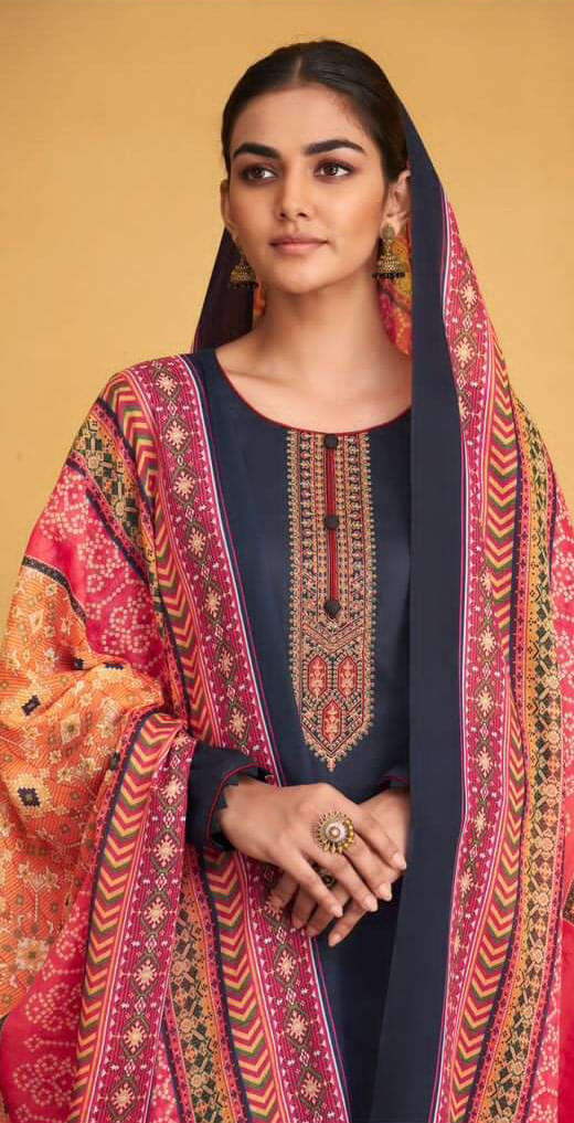 Women pure jam satin with heavy neck embroidered unstitched salwar set with shifli borror work in daman