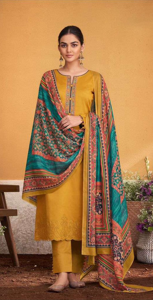 Women pure jam satin with heavy neck embroidered unstitched salwar set with shifli borror work in daman