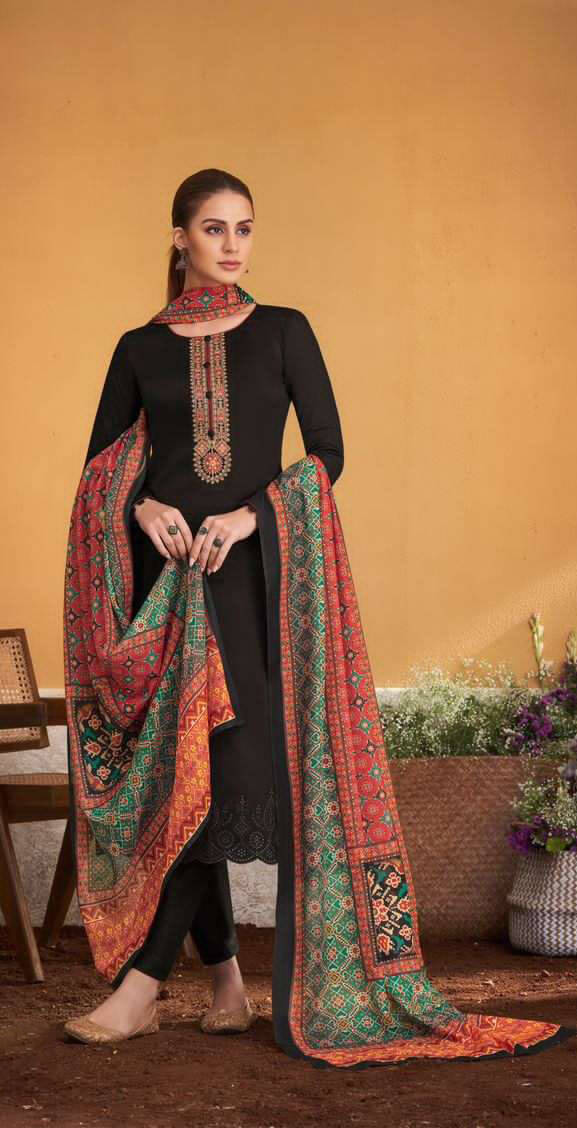 Women pure jam satin with heavy neck embroidered unstitched salwar set with shifli borror work in daman