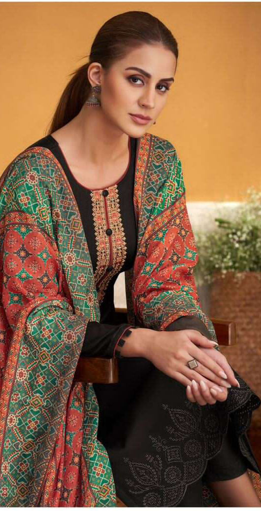 Women pure jam satin with heavy neck embroidered unstitched salwar set with shifli borror work in daman