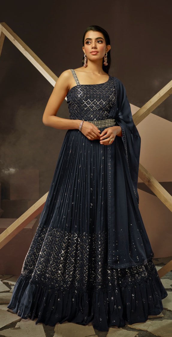 Dark grey georgette embroidered and fully stitched gown with dupatta