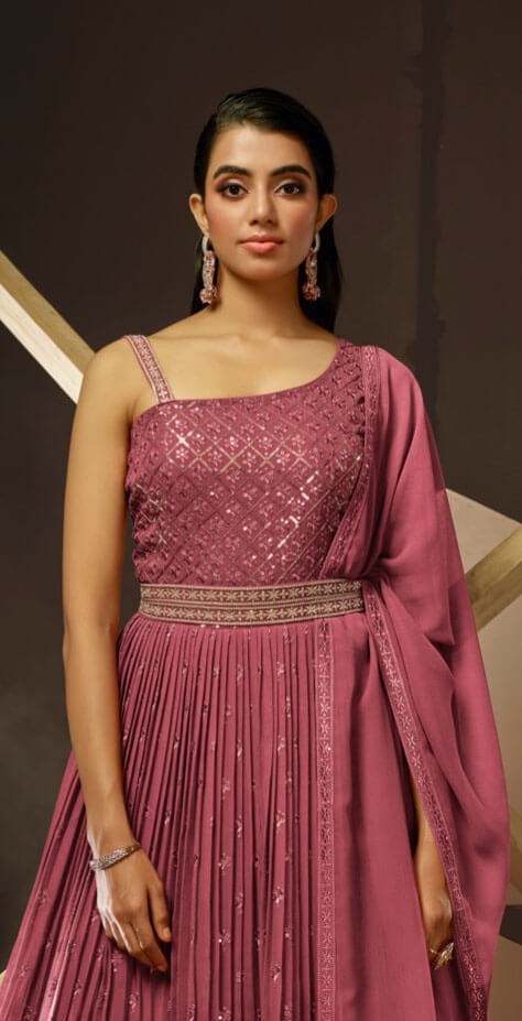 Salmon pink georgette embroidered and fully stitched gown with dupatta