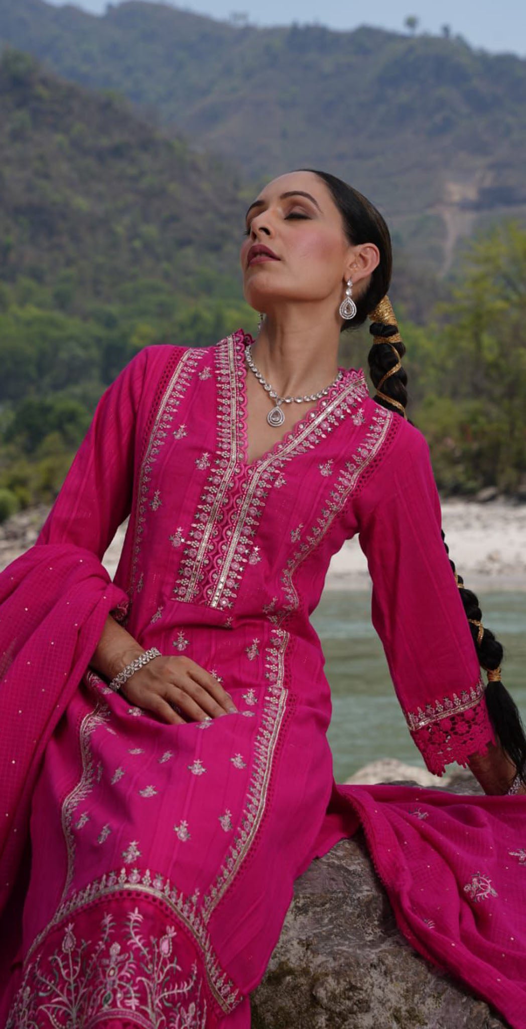 Rani pink cotton embroidered salwar set