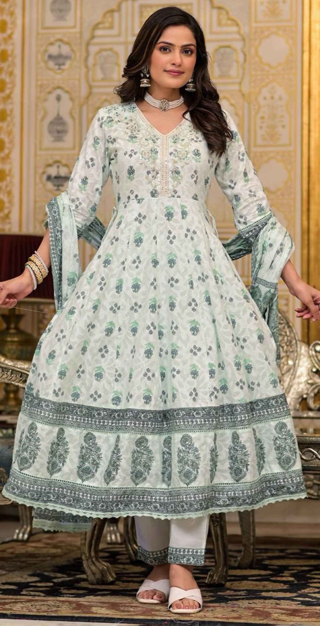 Pastel turquoise cotton printed and embroidered semi anarkali set