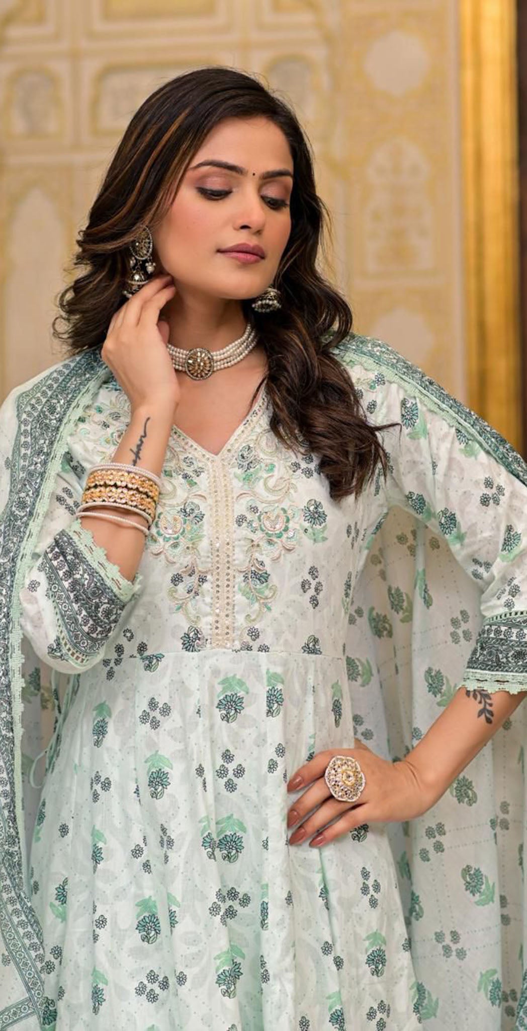 Pastel turquoise cotton printed and embroidered semi anarkali set
